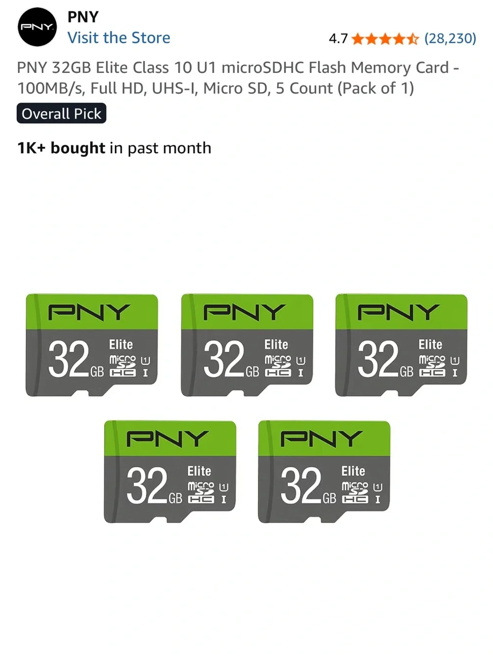 PNY 32GB Elite Class 10 U1 microSDHC Flash Memory Card - 5 Pack